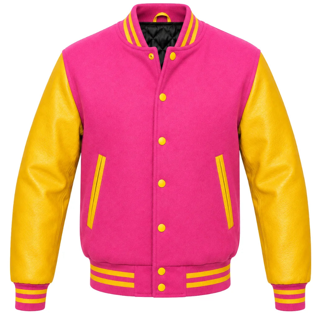 Pink melton wool varsity jacket with yellow leather sleeves, front view