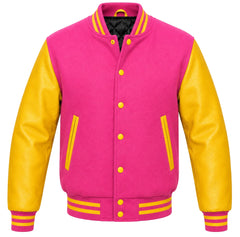 Pink melton wool varsity jacket with yellow leather sleeves, front view