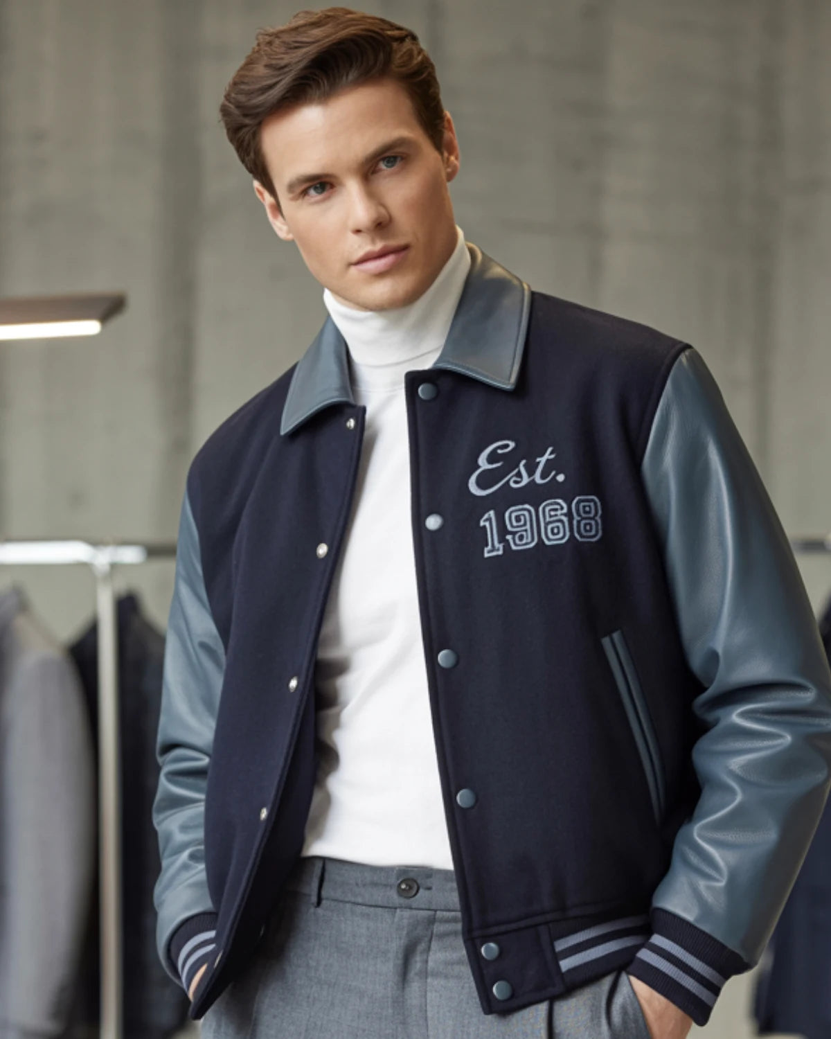 Man wearing a navy and gray varsity jacket with 'Est. 1968' text in an indoor setting.