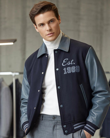 Man wearing a navy and gray varsity jacket with 'Est. 1968' text in an indoor setting.