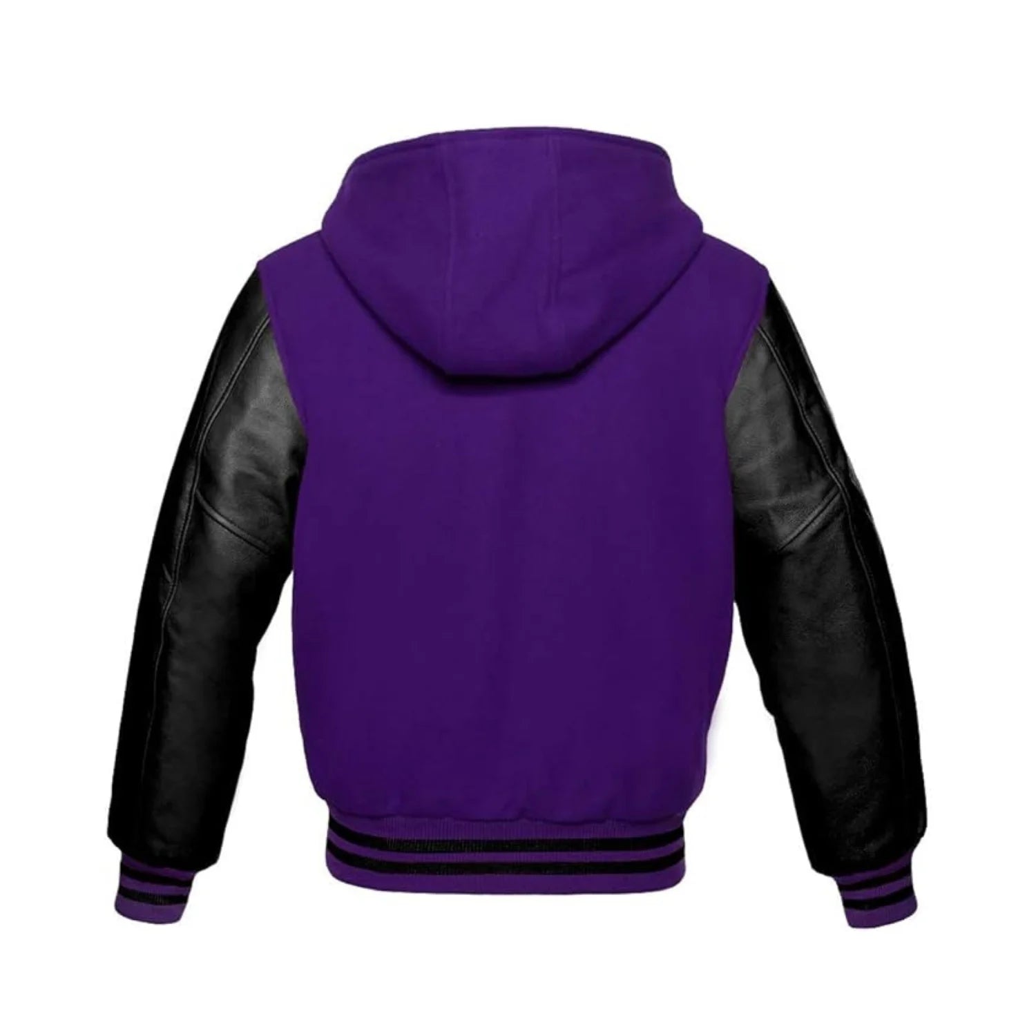 Purple Wool and Black Leather Hooded Varsity Jacket Back Side