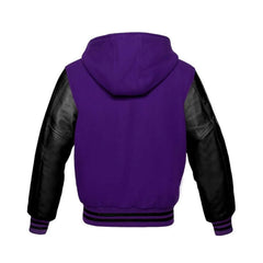 Purple Wool and Black Leather Hooded Varsity Jacket Back Side
