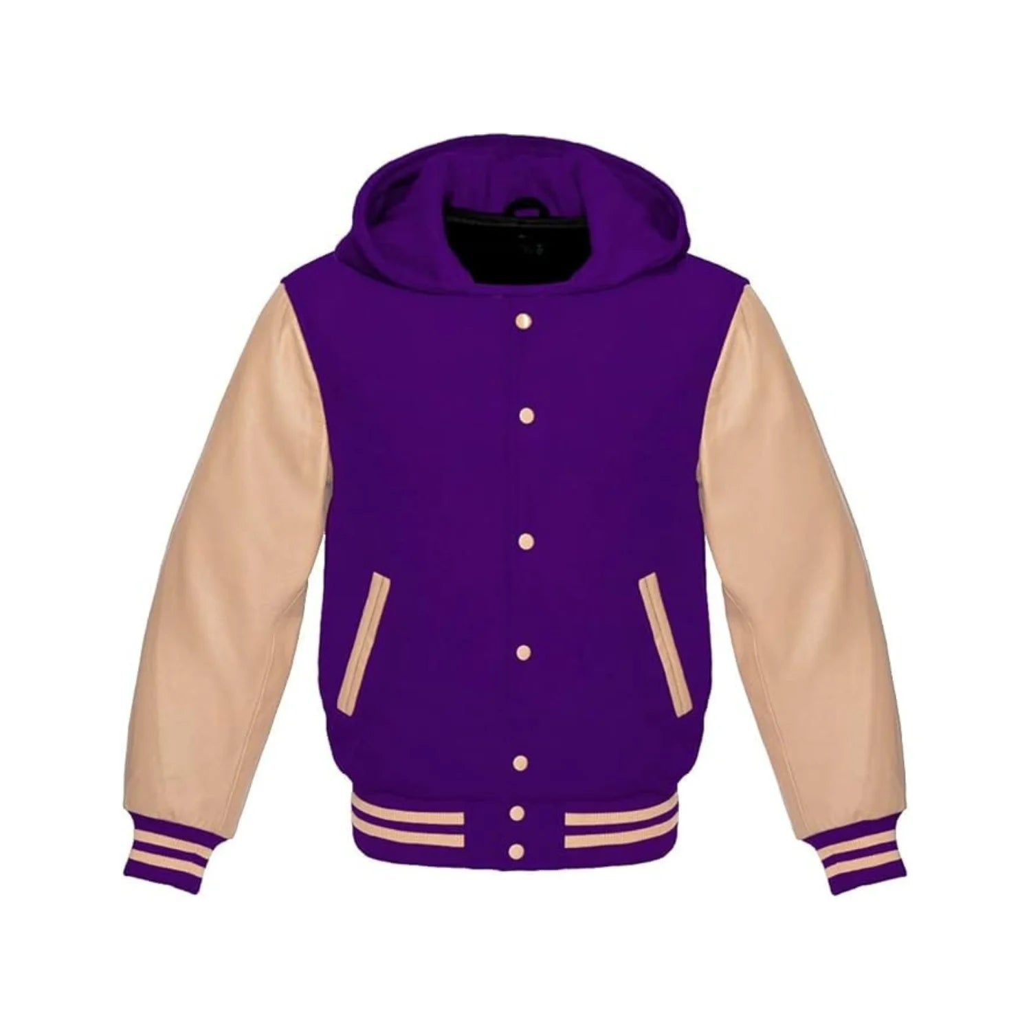 Purple Wool and Cream Leather Hooded Varsity Jacket