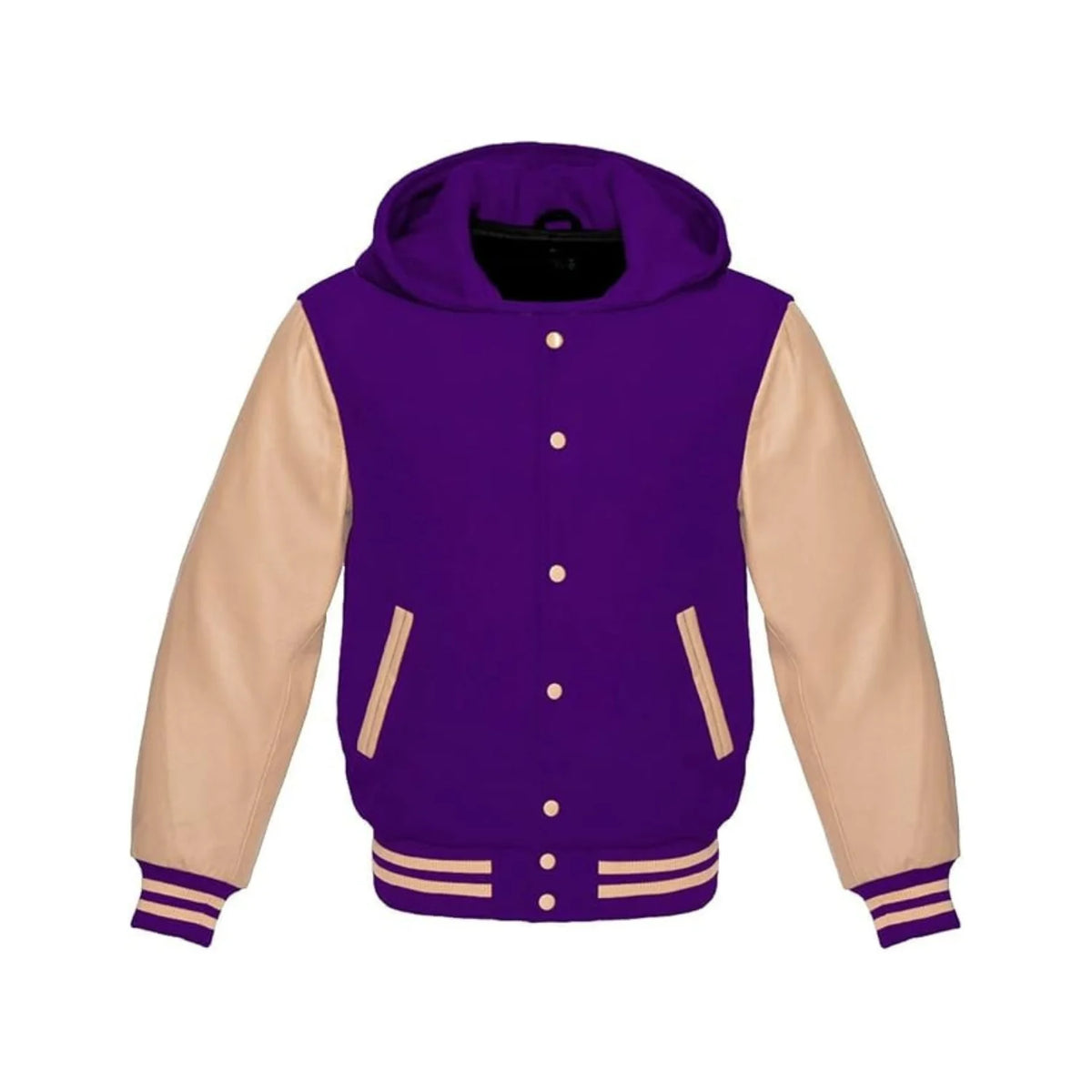 Purple Wool and Cream Leather Hooded Varsity Jacket