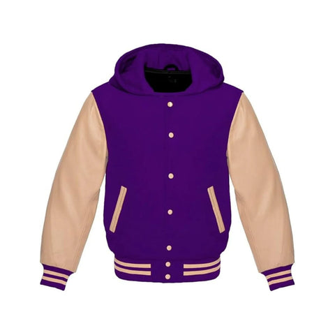 Purple Wool and Cream Leather Hooded Varsity Jacket
