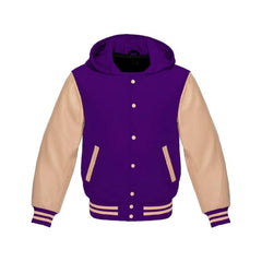 Purple Wool and Cream Leather Hooded Varsity Jacket