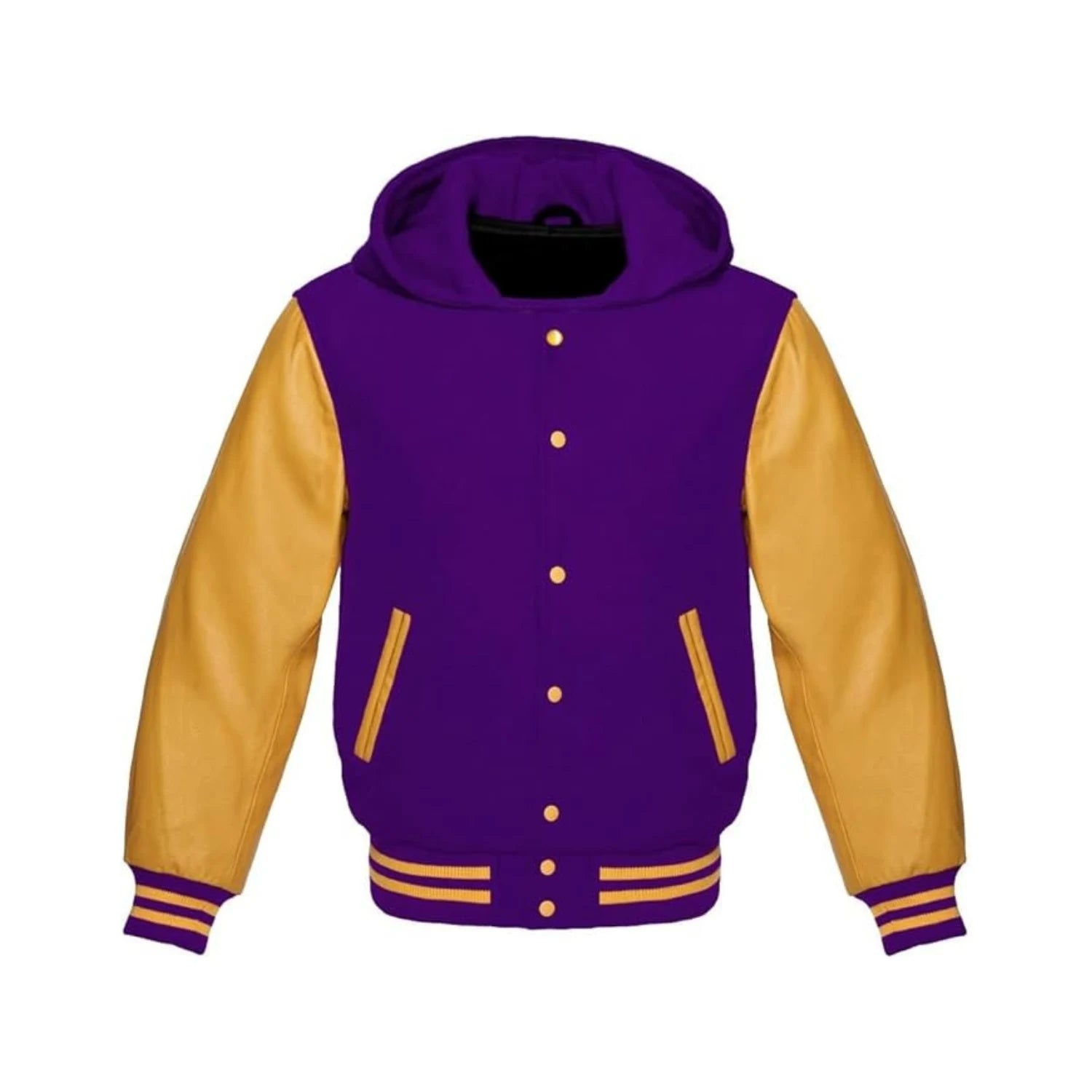 Purple Wool and Gold Leather Hooded Varsity Jacket