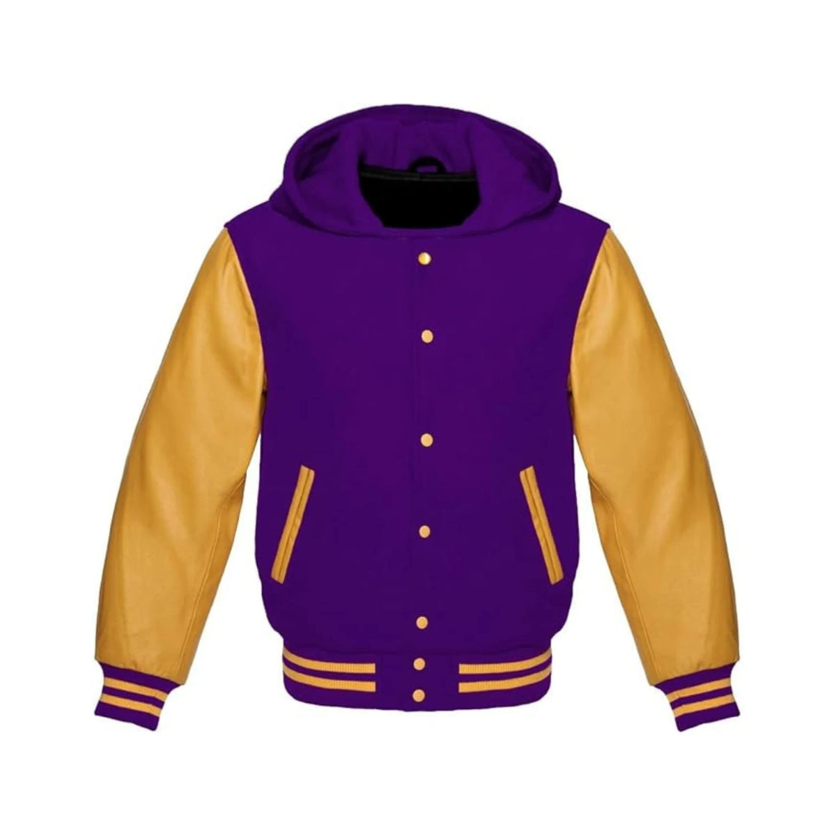 Purple Wool and Gold Leather Hooded Varsity Jacket