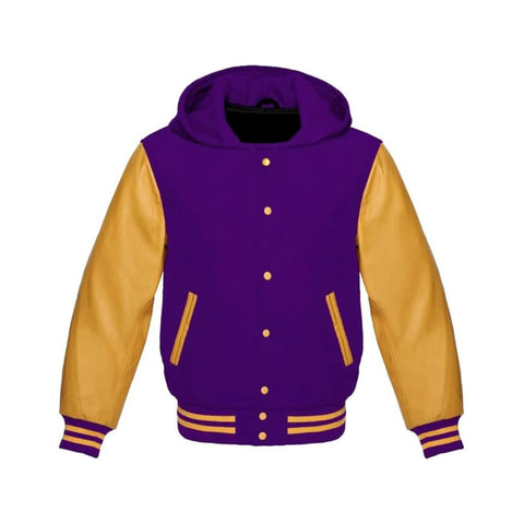 Purple Wool and Gold Leather Hooded Varsity Jacket