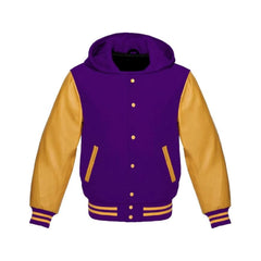 Purple Wool and Gold Leather Hooded Varsity Jacket