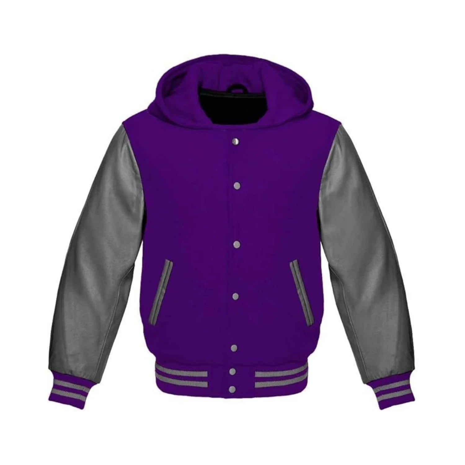 Purple Wool and Grey Leather Hooded Varsity Jacket