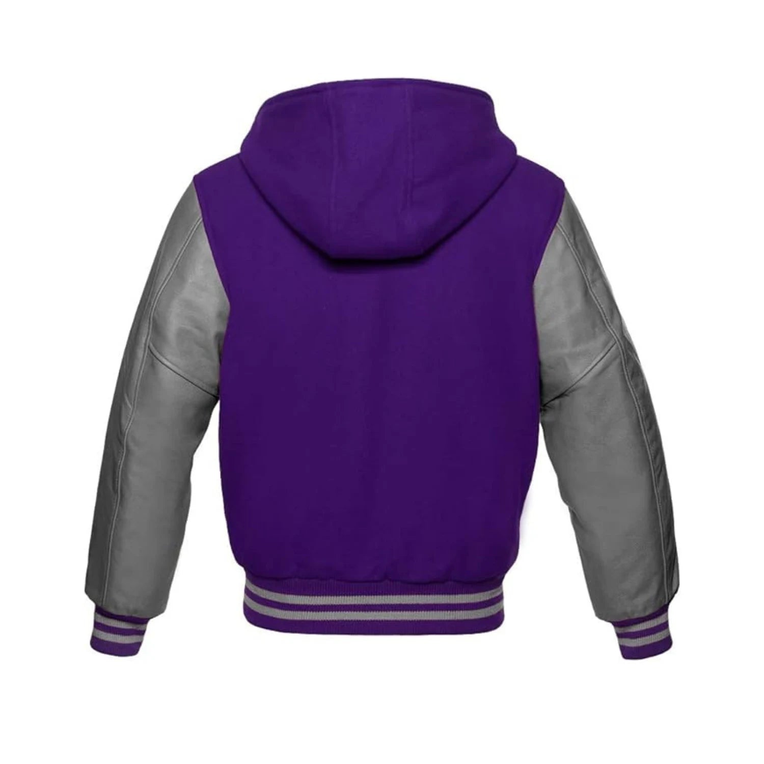 Purple Wool and Grey Leather Hooded Varsity Jacket Back Side