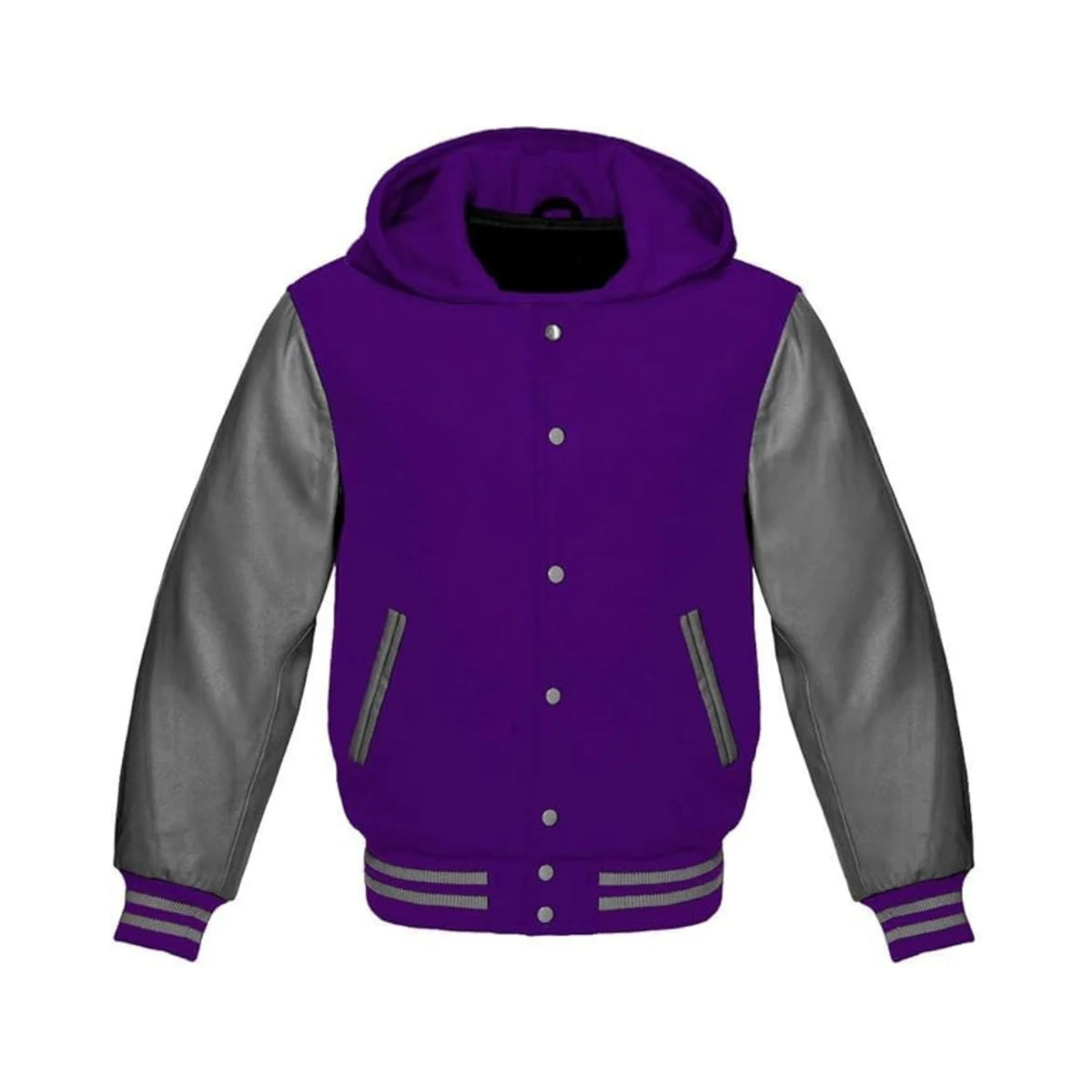 Purple Wool and Grey Leather Hooded Varsity Jacket
