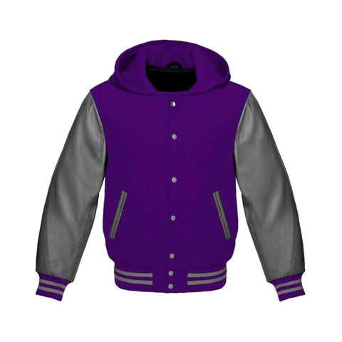 Purple Wool and Grey Leather Hooded Varsity Jacket