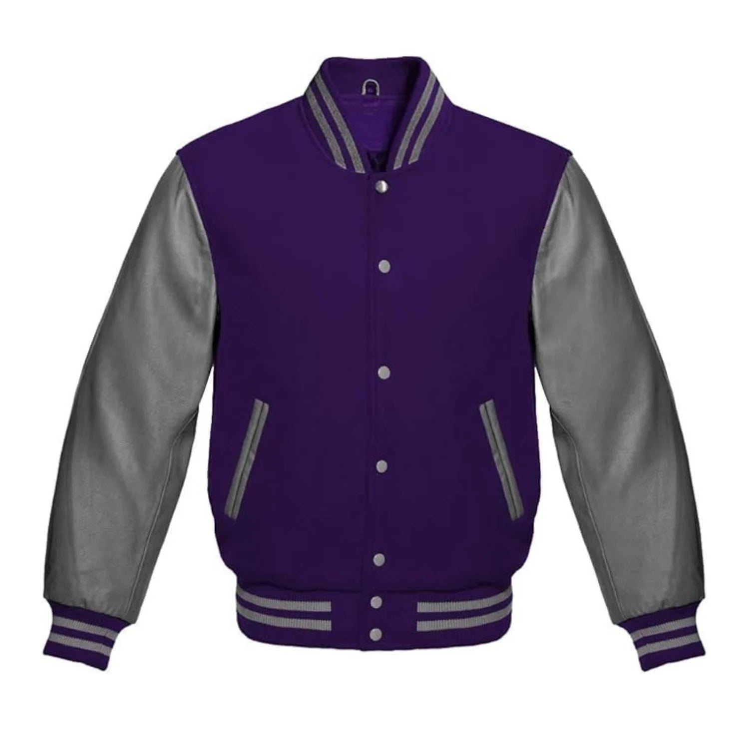 Purple and Grey Varsity Jacket with Wool Body and Leather Sleeves