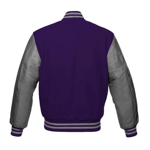 Purple and Grey Varsity Jacket with Wool Body and Leather Sleeves Back Side