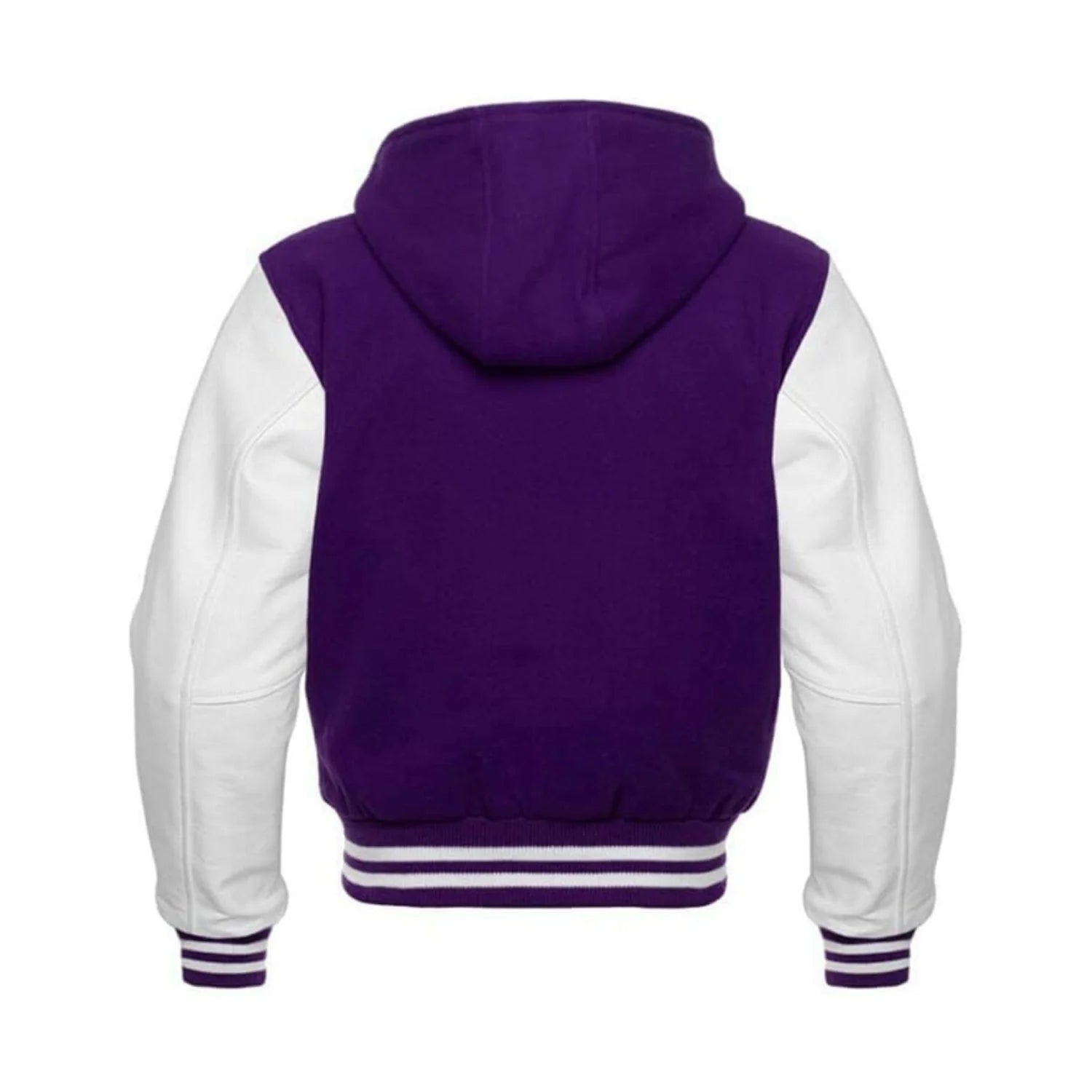 Purple Wool and White Leather Hooded Varsity Jacket Back Side