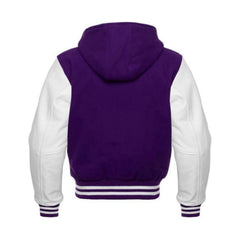 Purple Wool and White Leather Hooded Varsity Jacket Back Side
