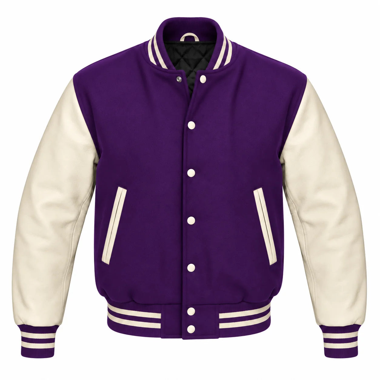 Purple and Cream Varsity Jacket with Wool Body and Leather Sleeves