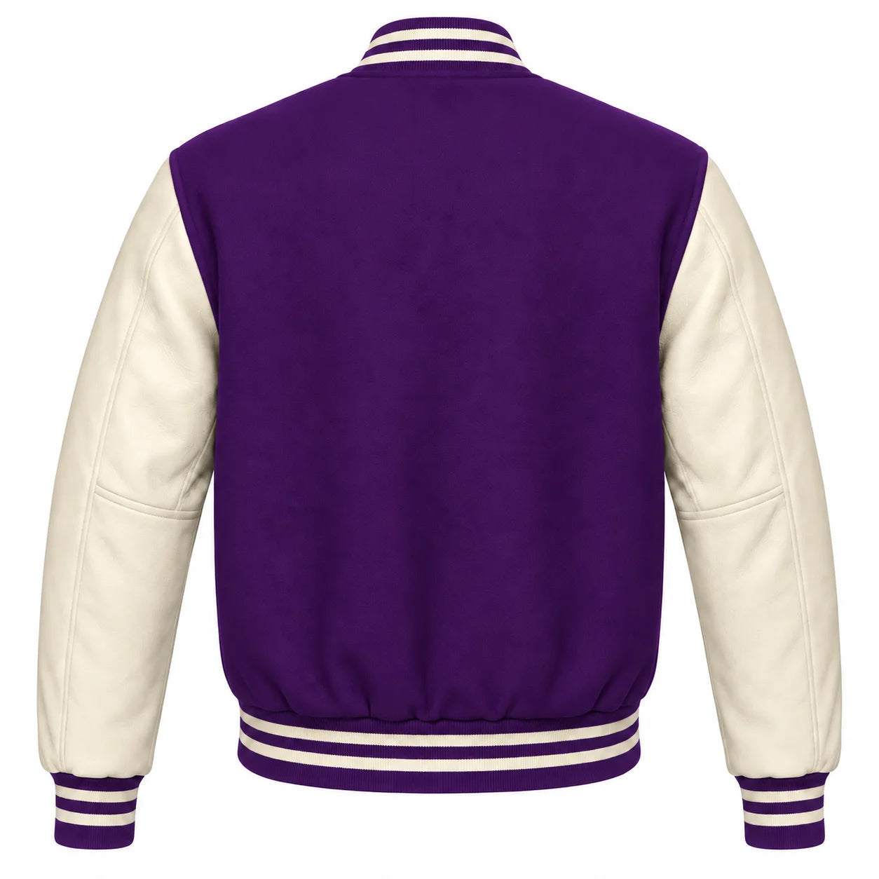 Purple and Cream Varsity Jacket with Wool Body and Leather Sleeves Back View