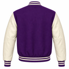Purple and Cream Varsity Jacket with Wool Body and Leather Sleeves Back View