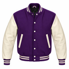 Purple and Cream Varsity Jacket with Wool Body and Leather Sleeves