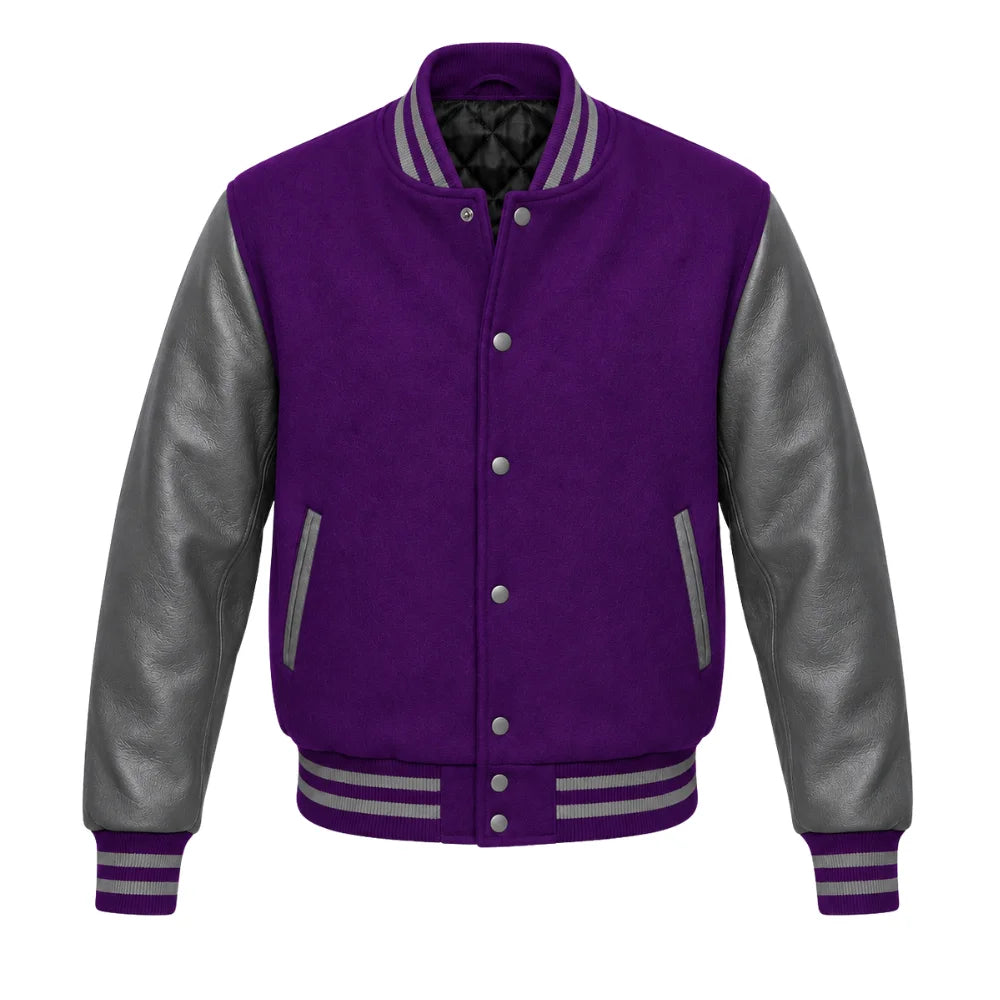 Purple and Grey Varsity Jacket with Wool Body and Leather Sleeves