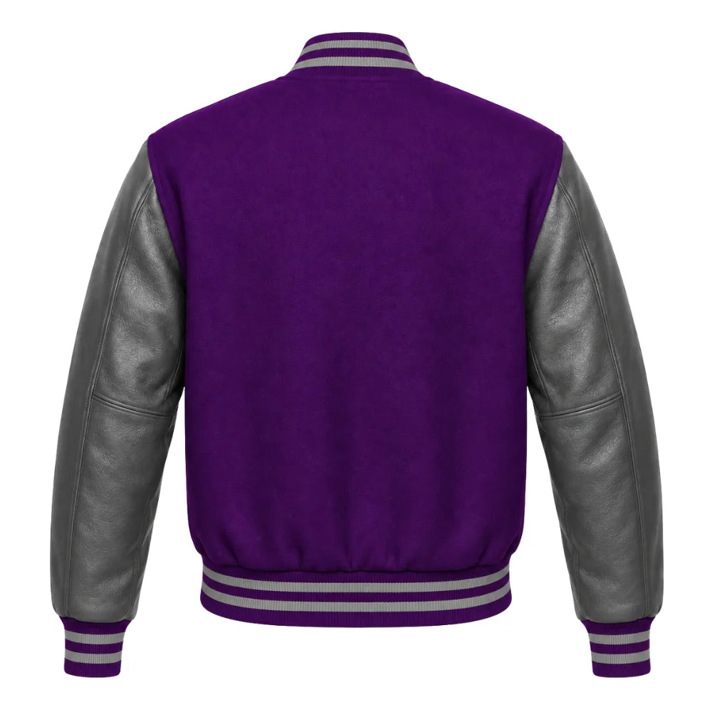 Purple and Grey Varsity Jacket with Wool Body and Leather Sleeves Back Side