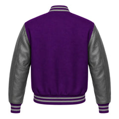 Purple and Grey Varsity Jacket with Wool Body and Leather Sleeves Back Side