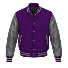 Purple and Grey Varsity Jacket with Wool Body and Leather Sleeves