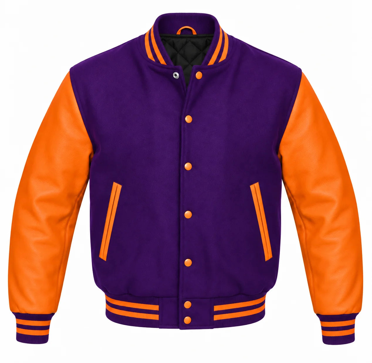 Purple and Orange Varsity Jacket with Wool Body and Leather Sleeves