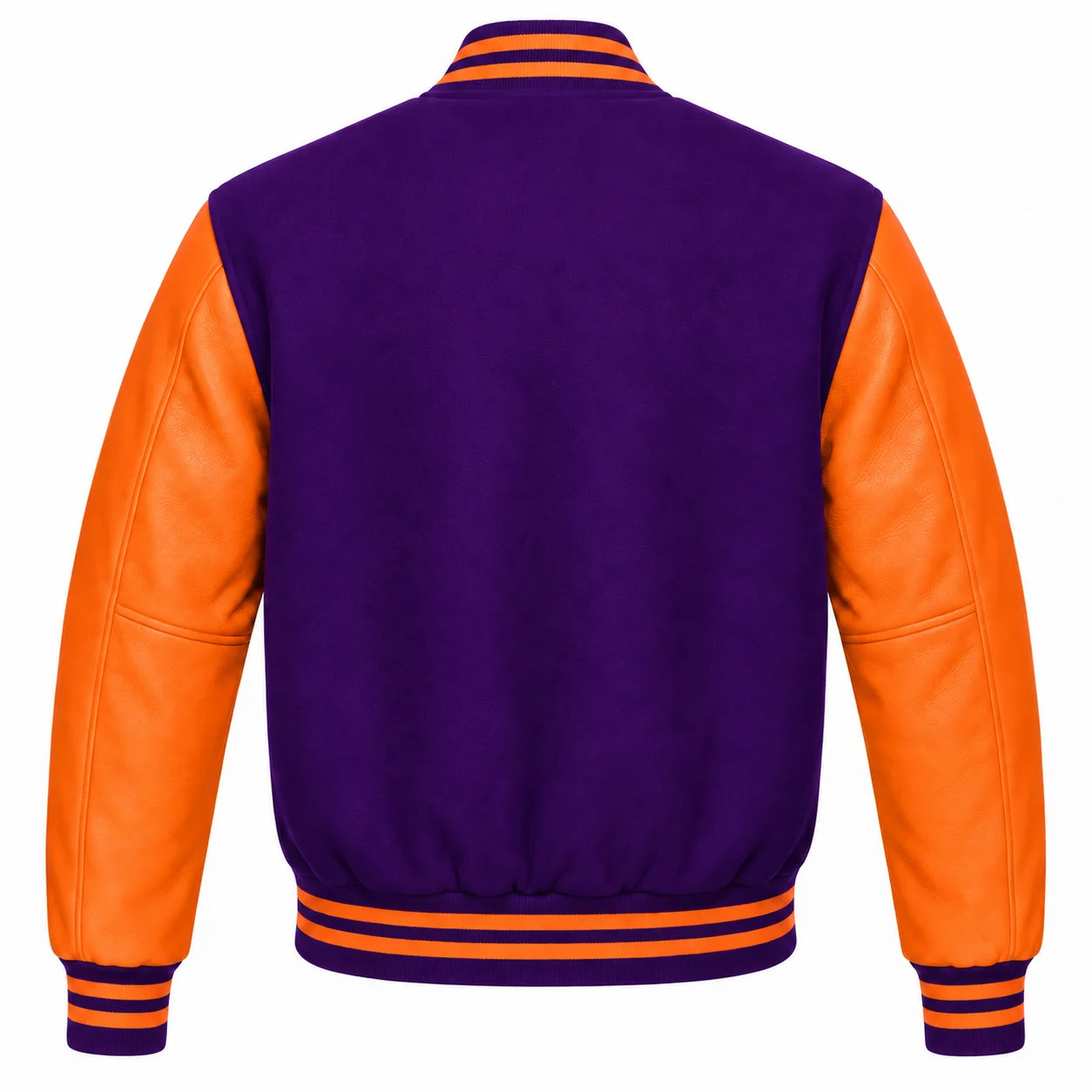 Purple and Orange Varsity Jacket with Wool Body and Leather Sleeves Back View