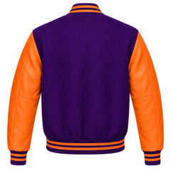 Purple and Orange Varsity Jacket with Wool Body and Leather Sleeves Back View