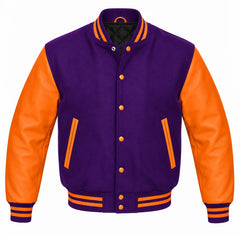 Purple and Orange Varsity Jacket with Wool Body and Leather Sleeves