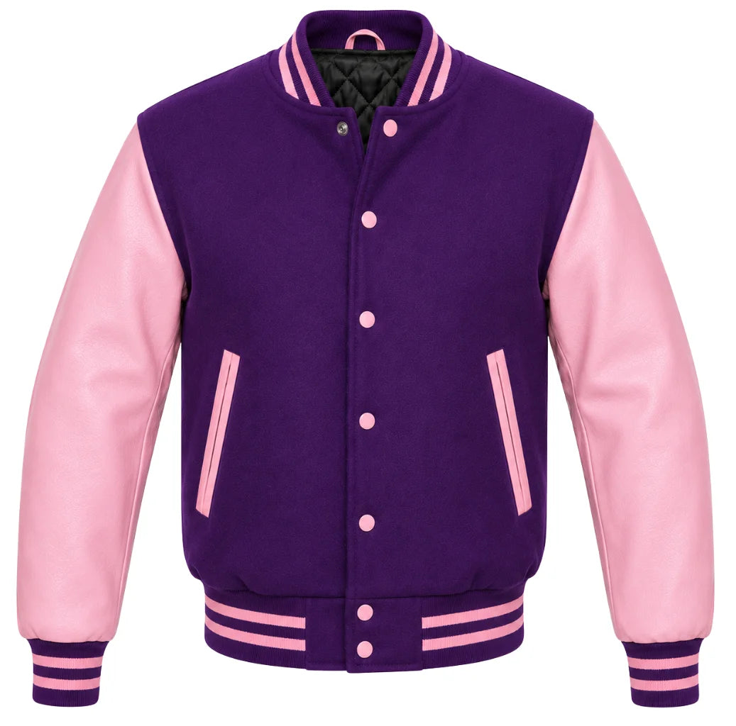Purple melton wool varsity jacket with pink cowhide leather sleeves, front view