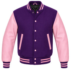 Purple melton wool varsity jacket with pink cowhide leather sleeves, front view