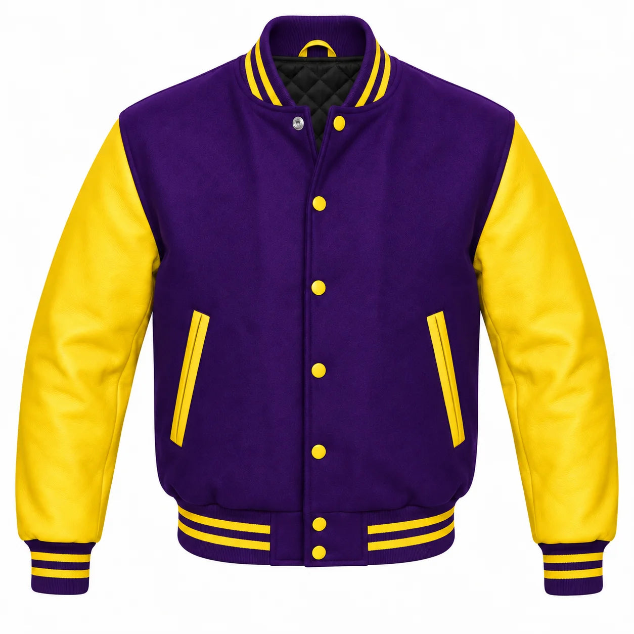Purple and Yellow Varsity Jacket with Wool Body and Leather Sleeves