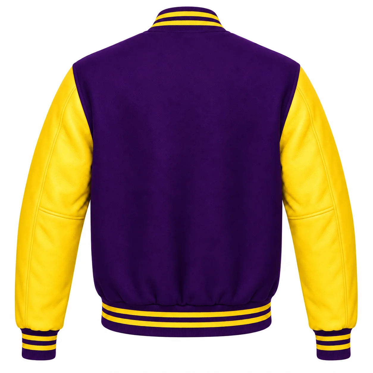 Purple and Yellow Varsity Jacket with Wool Body and Leather Sleeves Back View