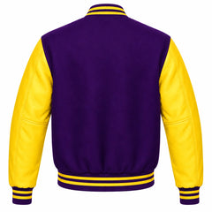 Purple and Yellow Varsity Jacket with Wool Body and Leather Sleeves Back View