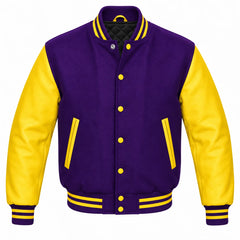 Purple and Yellow Varsity Jacket with Wool Body and Leather Sleeves