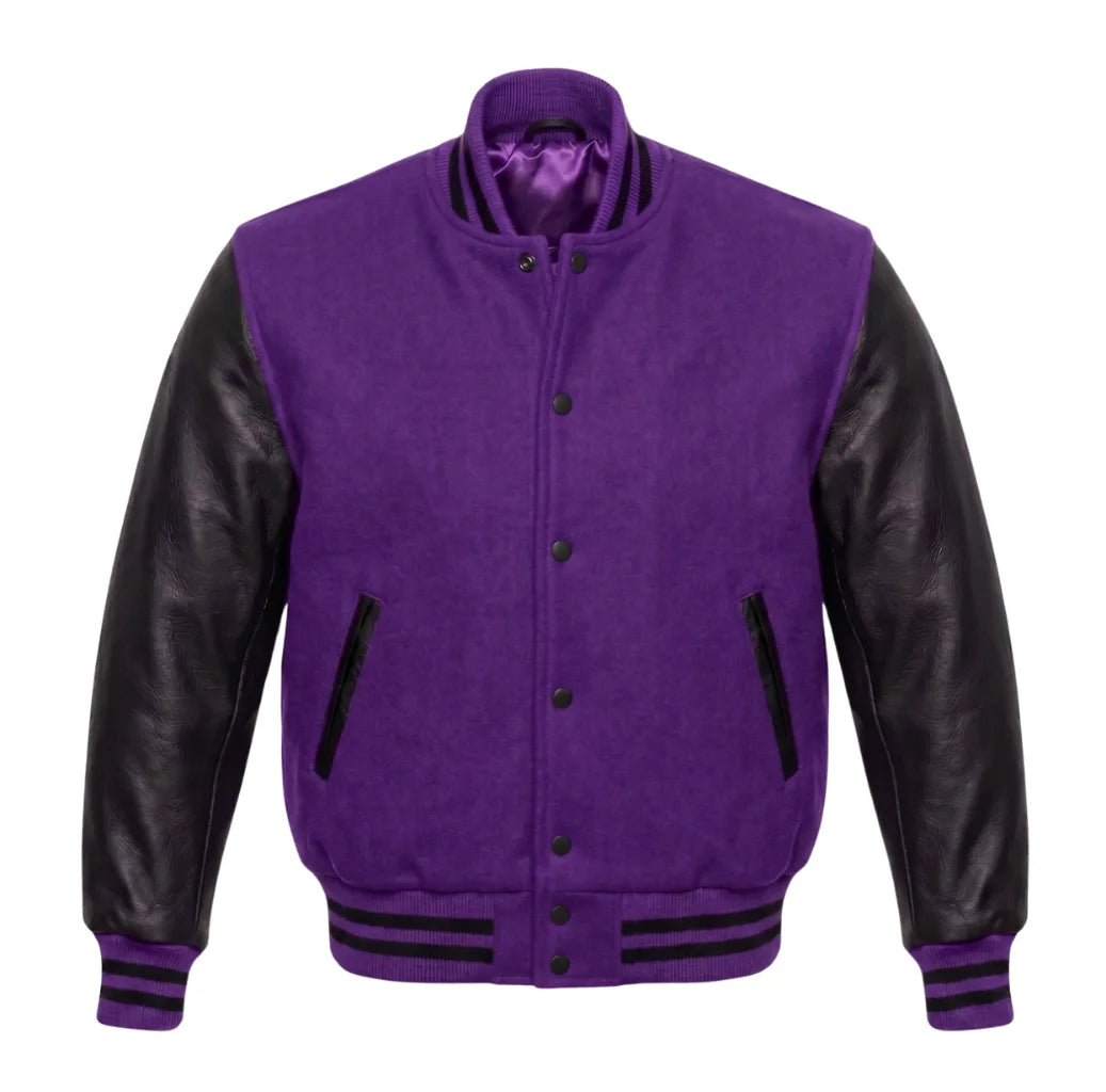 Purple and Black Varsity Jacket with Wool Body and Leather Sleeves
