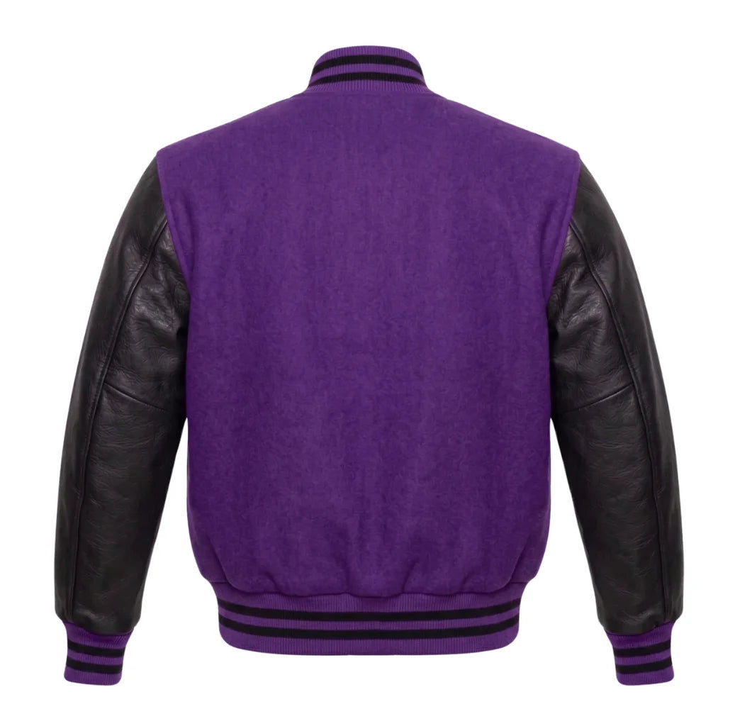 Purple and Black Varsity Jacket with Wool Body and Leather Sleeves Back View