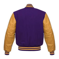 Purple and Gold Varsity Jacket with Wool Body and Leather Sleeves Back Side
