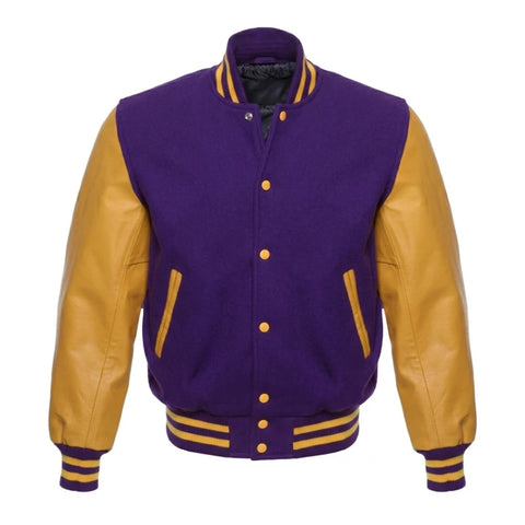 Purple and Gold Varsity Jacket with Wool Body and Leather Sleeves