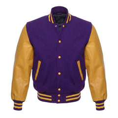 Purple and Gold Varsity Jacket with Wool Body and Leather Sleeves