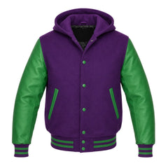 Purple and Green Hooded Letterman Jacket