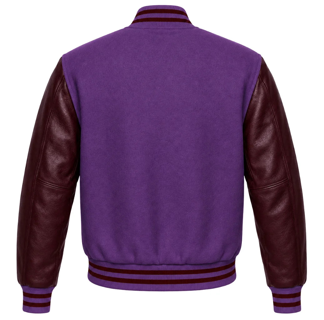 Purple wool letterman jacket with maroon cowhide leather sleeves, back view