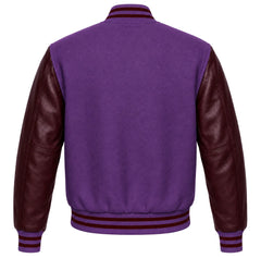 Purple wool letterman jacket with maroon cowhide leather sleeves, back view