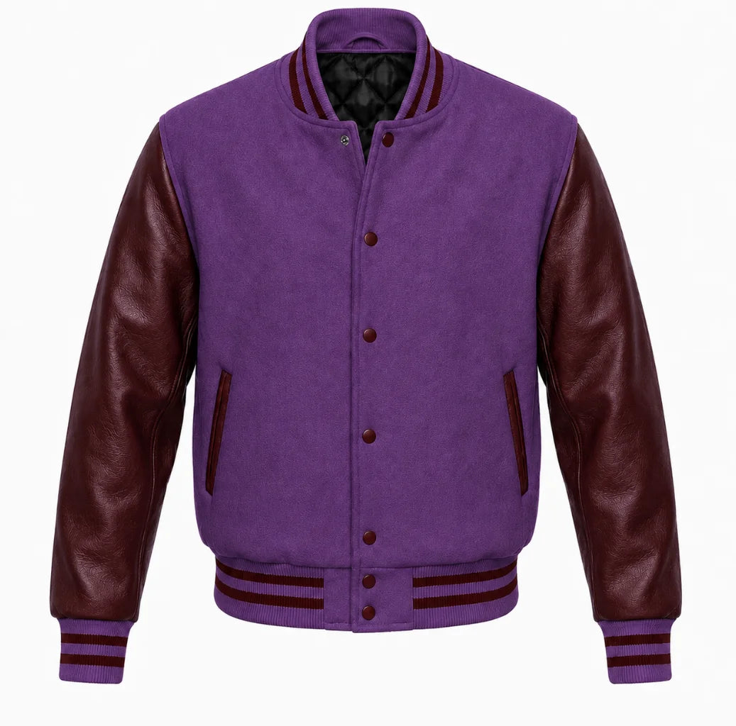 Purple melton wool letterman jacket with maroon leather sleeves, front view