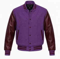 Purple melton wool letterman jacket with maroon leather sleeves, front view